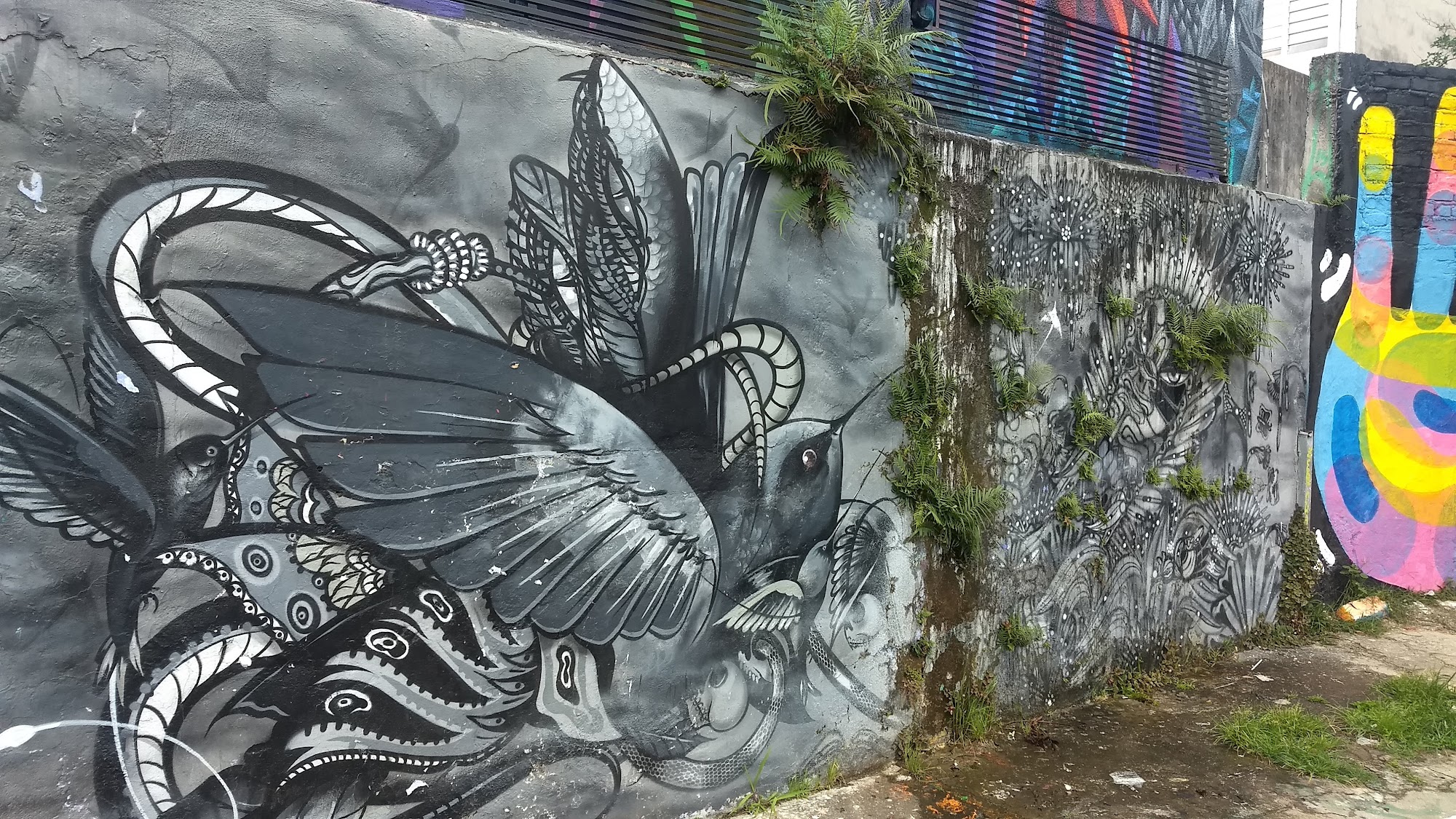 Mural em tons de cinza com um pássaro de asas abertas
